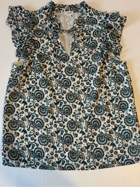 J.Crew XS Floral Paisley Ruffle Flutter Sleeve Keyhole Neck Blouse Top Blue